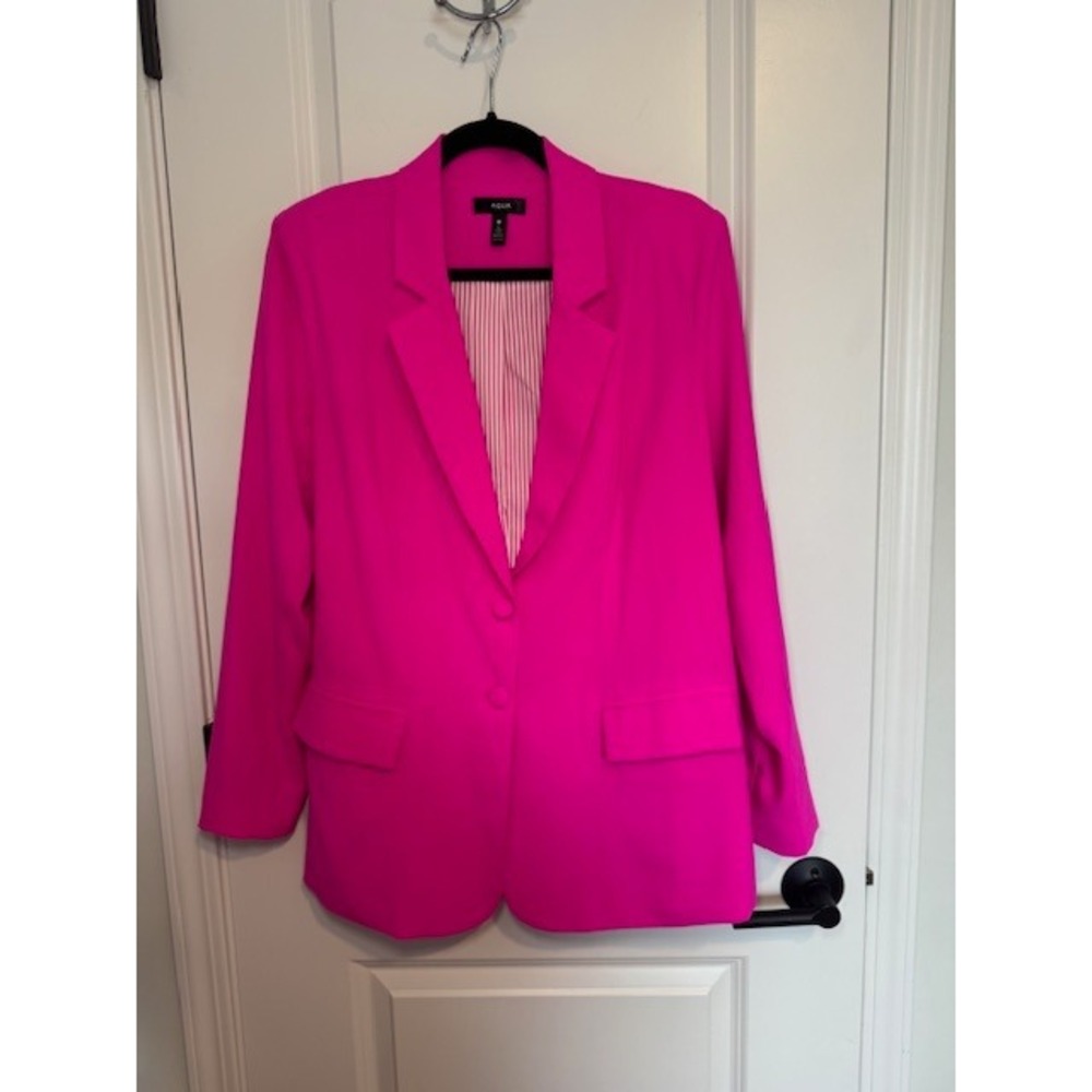 AQUA Hot Pink Two Button Blazer Fuchsia Striped Lining Neon Career Jacket Sz M